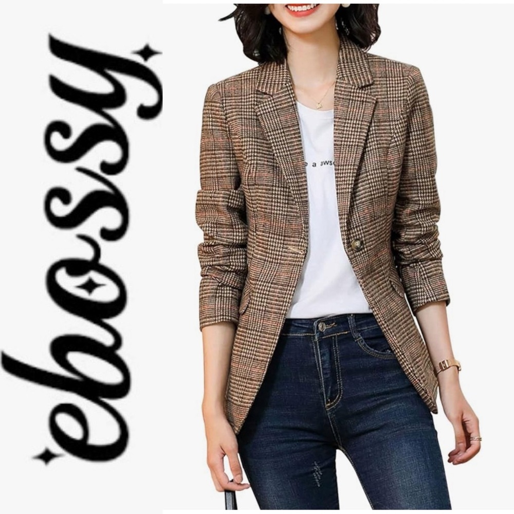NWT Free People inspired Ebossy Houndstooth Plaid Boyfriend Blazer L